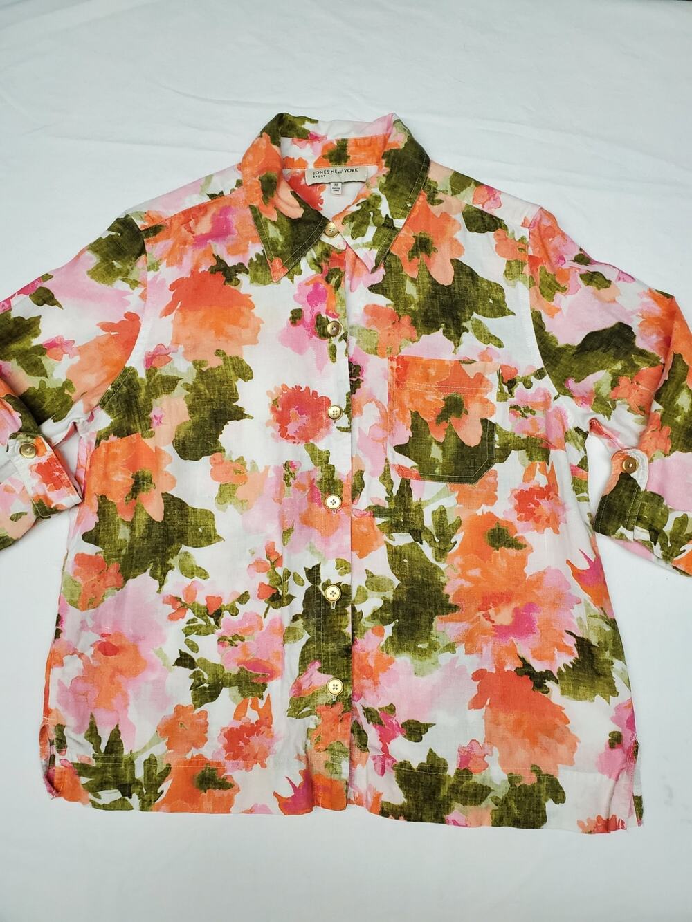 Jones New York Sport Floral Linen Button Up Shirt Sz M Pink Orange Green